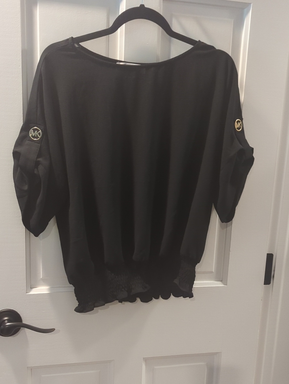 Michael Kors Black Boatneck Blouson Top with Gold MK Emblems